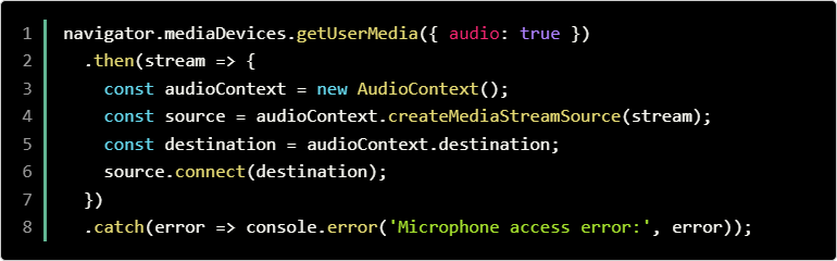 Code snippet showing getUserMedia implementation with error handling