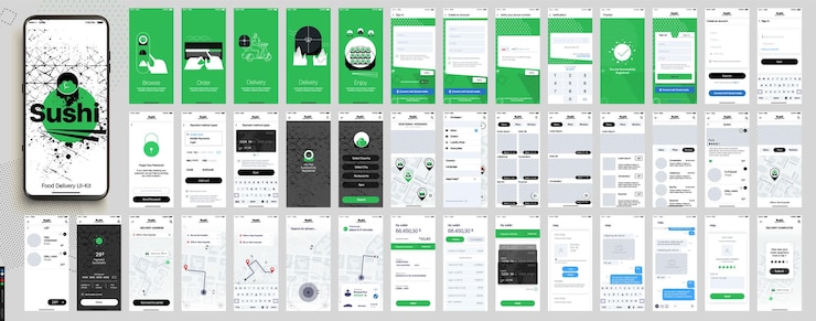 Mobile UI design examples showing Material Design and iOS design patterns