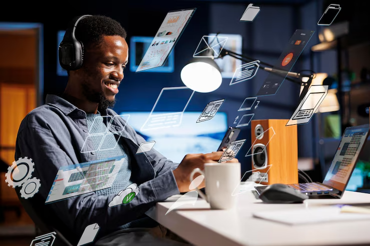Young adult using a laptop, surrounded by digital tools, icons, and stats