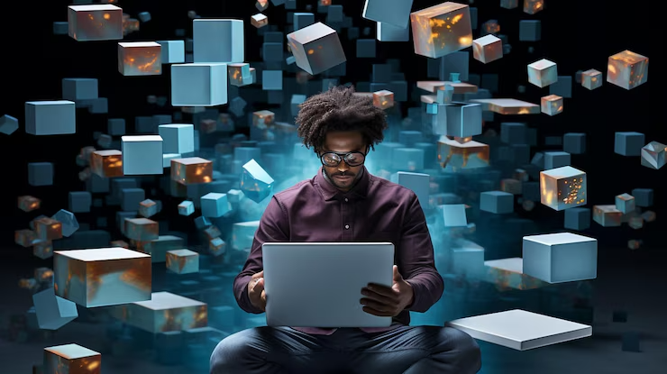  Person working on a laptop surrounded by digital bots and AI icons