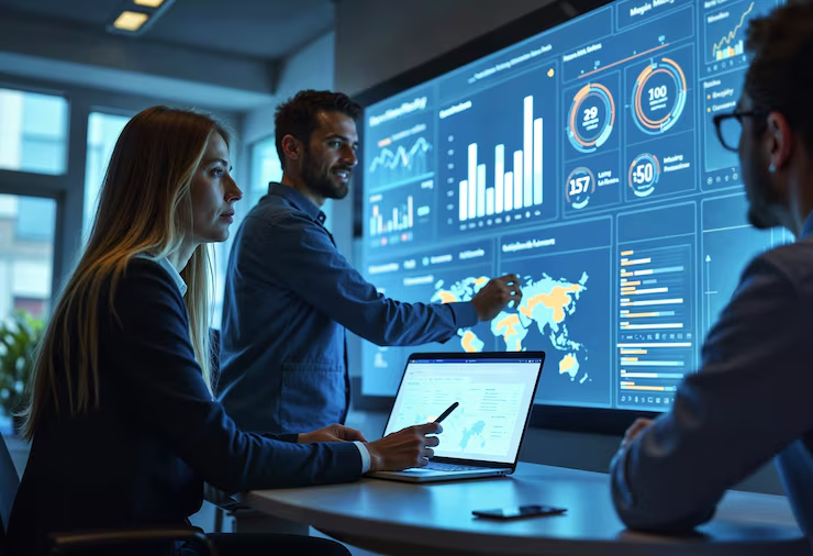 Office team using advanced software with graphs and dashboards