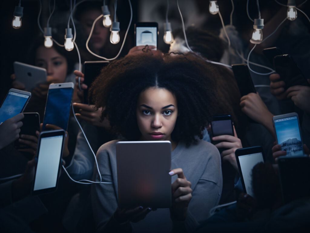 a person surrounded by multiple digital devices with stressed expression